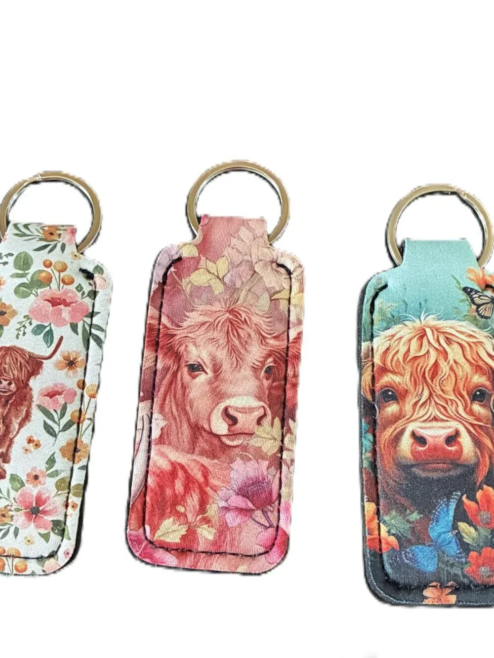 Highland Cow Keychain Set of 3 - Floral & Butterfly Designs slit for lipstick